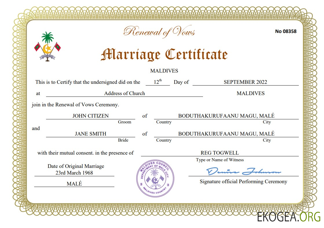 Modèle Word et PDF d'acte de mariage aux Maldives